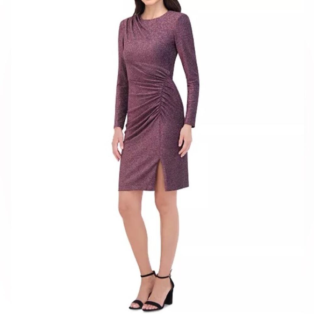 Eliza J Women's Metallic Ruched Sheath Dress Wine Sz 10 NWT - Picture 3 of 10